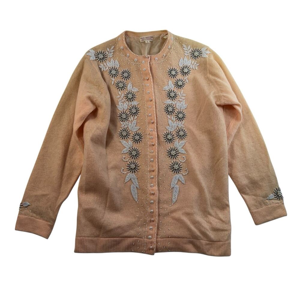 VTG 60s S Small Cardigan Sweater Lambs‎ Wool Lightweight Knit Embellished Beaded